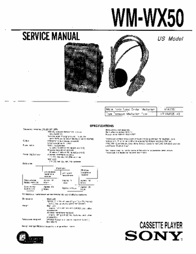 Sony WM-WX50 Service Manual for Sony Stereo Cassette Player (Walkman) WM-WX50.