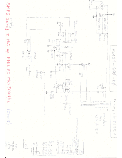 Philips MCi500H Wiring diagram of primary side 5,2 & 12 Volts of Svitched Mode Power Supply PS131-300-D0.
With TL3845P