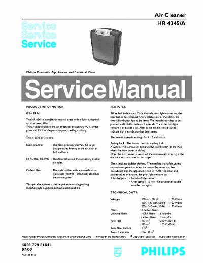 Philips HR 4345/A Service Manual Air Cleaner 70W (97/06) - pag. 4