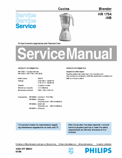 Philips HR 1754/AB Service Manual Blender Cucina (01/06) - pag. 3