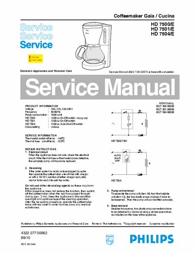 Philips Domestic App. HD7500/E, HD7501/E, HD7504/E Service Manual Domestic Appliances and Personal Care mod. Gaia/Cucina 1.000W - pag. 4