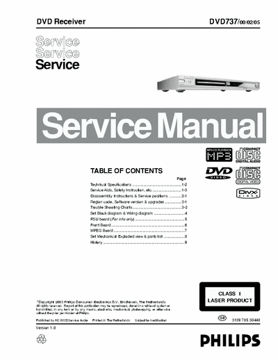 PHILIPS DVD737 It´s the service manual of PHILIPS DVD737-02. It´s a dvd-divx-player. The most commond problem is the load module (you can change it whith someone dvd player with masterjumper).