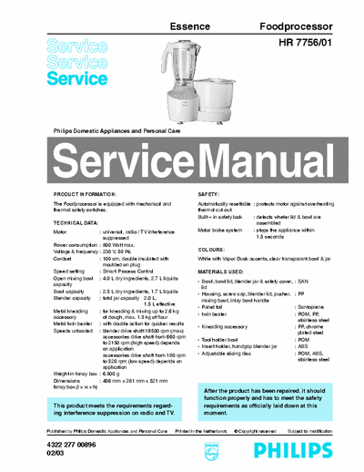 Philips Essence HR 7756/01 Service Manual Essence Foodprocessor 800W - pag. 8