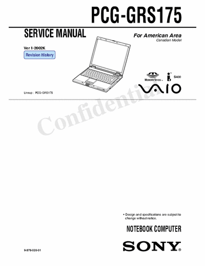 Sony Computer PCG-GRS175 Service Manual Notebook Computer Vaio, Mamory Stick, iS400 (For American Area, Canadian Model) - pag. 13