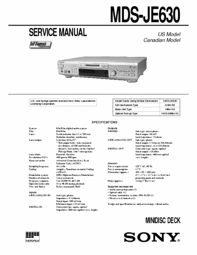 Sony MDS-JE630 MDS-JE630 MINIDISC DECK-dolby,self diagnosis 
- Service Manual