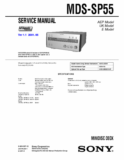 Sony MDS-SP55 MDS-SP55 MINIDISC DECK
Self Diagnosis, Dolby -
Service Manual