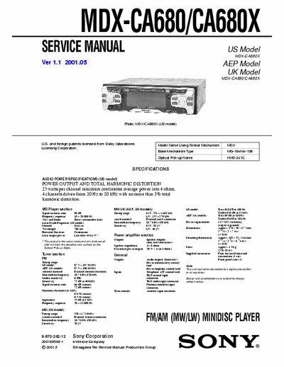 Sony MDX-CA680X MDX-CA680/CA680X  FM/AM (MW/LW) MINIDISC PLAYER - car audio -
- Service Manual