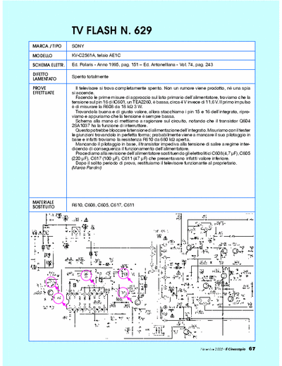 Sony KV-C2561A Tv repair. Guasto: spento [R610, C608, C611, ecc...]
