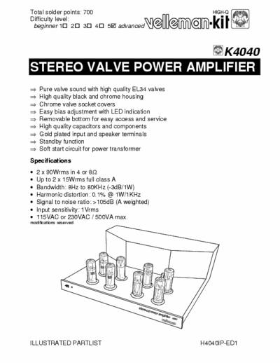 Velleman K-4040 Valve Amplifier Kit k-4040