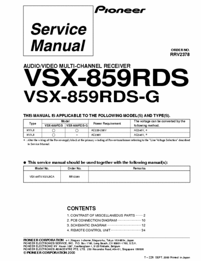 Pioneer VSX-859RDS This service manual should be used together with the following manual  VSX-35TX