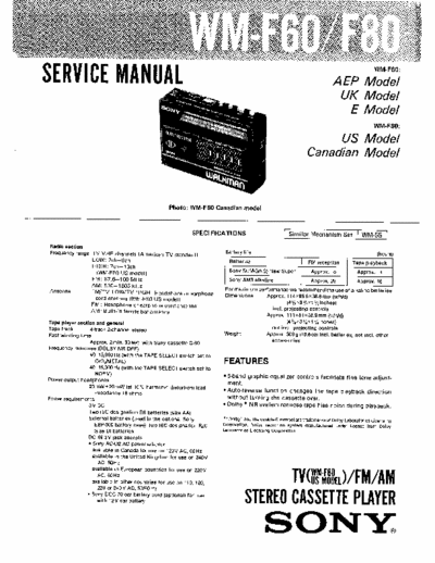 Sony WM-F60 WM-F80 Service Manual for Sony Stereo Cassette Recorder (Walkman) WM-F60 WM-F80