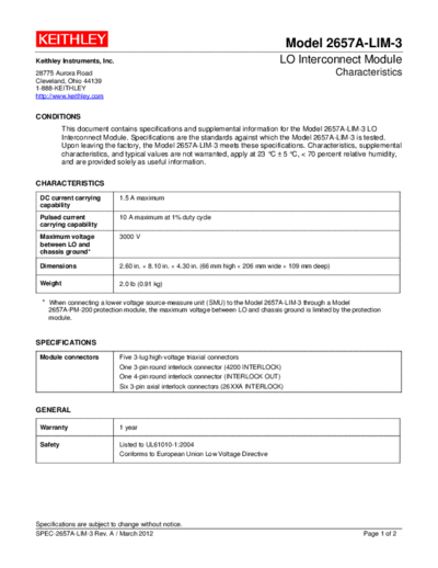 Keithley SPEC-2657A-LIM-3 (A - Mar 2012)(Customer)  Keithley 2657 SPEC-2657A-LIM-3 (A - Mar 2012)(Customer).pdf