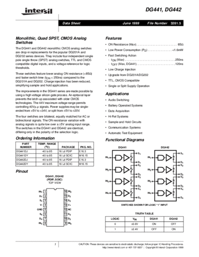 Advantest DG441DY - Monolithic 252C Quad SPST 252C CMOS Analog Switches - Intersil Corporation  Advantest R3131 A-D_Block_PCB_Component_Datasheets DG441DY - Monolithic_252C Quad SPST_252C CMOS Analog Switches - Intersil Corporation.pdf