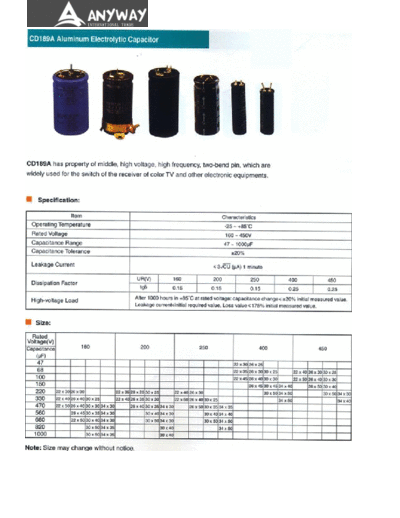 HZC [Anyway Int.] HZC [radial thru-hole] CD189A Series  . Electronic Components Datasheets Passive components capacitors HZC [Anyway Int.] HZC [radial thru-hole] CD189A Series.pdf