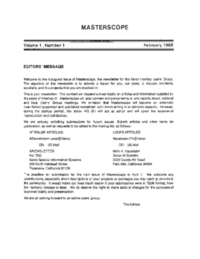 xerox Masterscope 1-01 Feb85  xerox interlisp newsletters Masterscope_1-01_Feb85.pdf