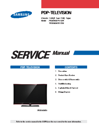 Samsung PS50A656T1FXXH KL-EX-SI 1291200701  Samsung Plasma PS50A656T chassis F48A P euro Topaz PS50A656T1FXXH_KL-EX-SI_1291200701.pdf