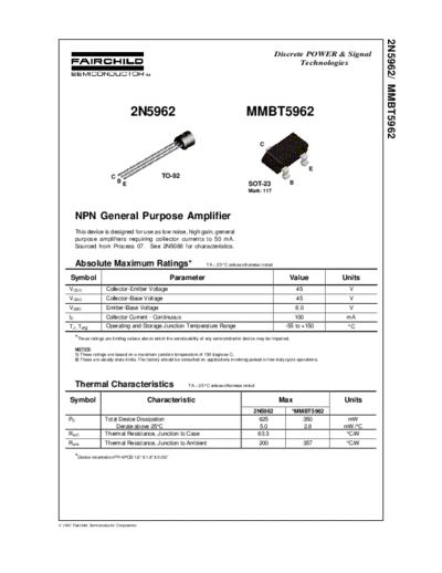 Fairchild Semiconductor 2n5962 mmbt5962  . Electronic Components Datasheets Active components Transistors Fairchild Semiconductor 2n5962_mmbt5962.pdf