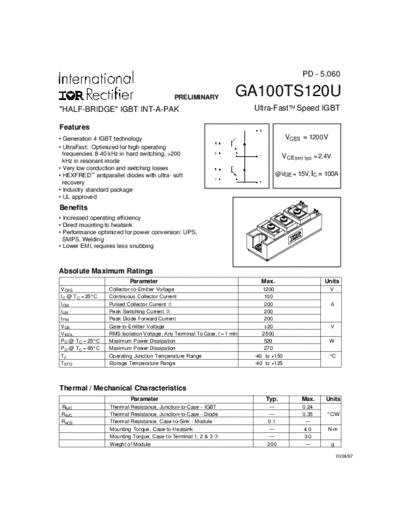 International Rectifier ga100ts120  . Electronic Components Datasheets Active components Transistors International Rectifier ga100ts120.pdf