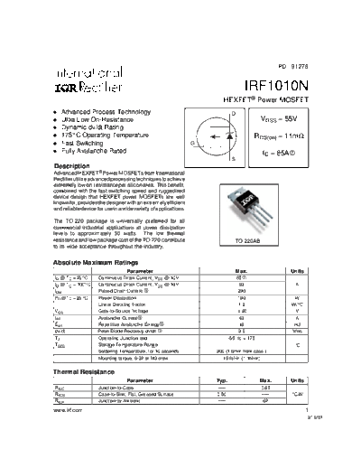 International Rectifier irf1010n  . Electronic Components Datasheets Active components Transistors International Rectifier irf1010n.pdf