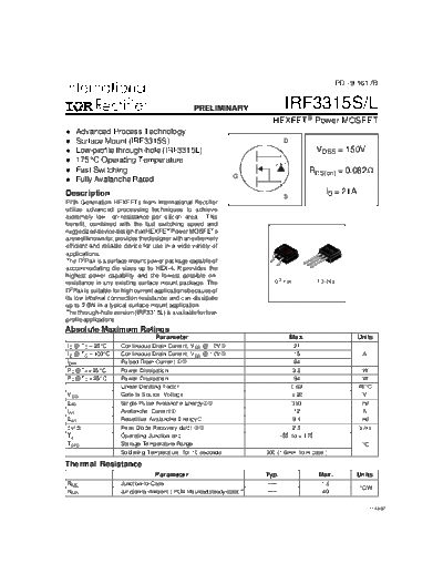 International Rectifier irf3315sl  . Electronic Components Datasheets Active components Transistors International Rectifier irf3315sl.pdf