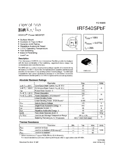 International Rectifier irf540spbf  . Electronic Components Datasheets Active components Transistors International Rectifier irf540spbf.pdf