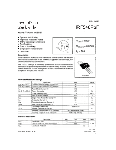 International Rectifier irf540pbf  . Electronic Components Datasheets Active components Transistors International Rectifier irf540pbf.pdf