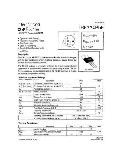 International Rectifier irf734pbf  . Electronic Components Datasheets Active components Transistors International Rectifier irf734pbf.pdf
