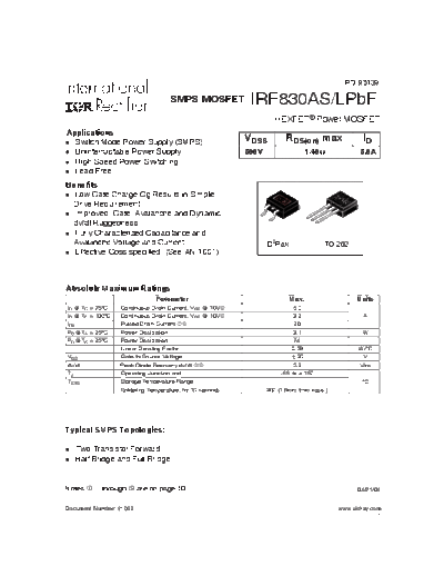 International Rectifier irf830as-lpbf  . Electronic Components Datasheets Active components Transistors International Rectifier irf830as-lpbf.pdf