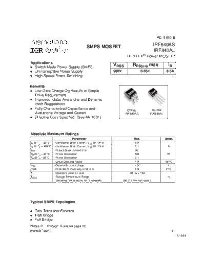 International Rectifier irf840as  . Electronic Components Datasheets Active components Transistors International Rectifier irf840as.pdf