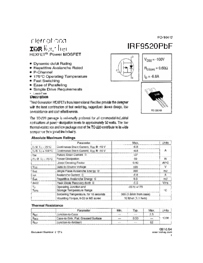 International Rectifier irf9520pbf  . Electronic Components Datasheets Active components Transistors International Rectifier irf9520pbf.pdf