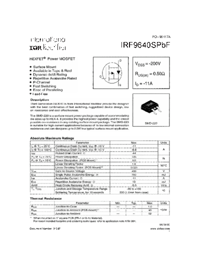 International Rectifier irf9640spbf  . Electronic Components Datasheets Active components Transistors International Rectifier irf9640spbf.pdf