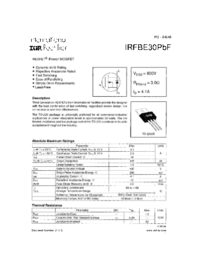 International Rectifier irfbe30pbf  . Electronic Components Datasheets Active components Transistors International Rectifier irfbe30pbf.pdf