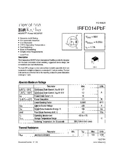 International Rectifier irfd014pbf  . Electronic Components Datasheets Active components Transistors International Rectifier irfd014pbf.pdf