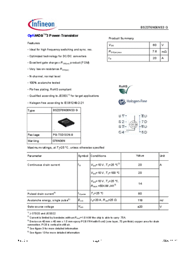 Infineon bsz076n06ns3 rev2.4 pdf  . Electronic Components Datasheets Active components Transistors Infineon bsz076n06ns3_rev2.4_pdf.pdf
