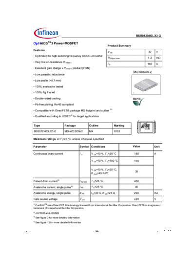 Infineon bsb012n03lx3g  . Electronic Components Datasheets Active components Transistors Infineon bsb012n03lx3g.pdf