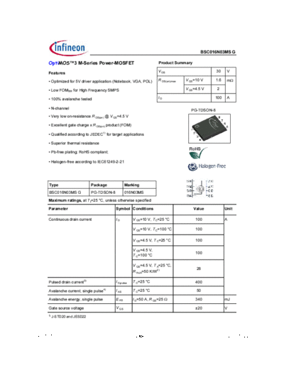 Infineon bsc016n03msg rev1.17  . Electronic Components Datasheets Active components Transistors Infineon bsc016n03msg_rev1.17.pdf
