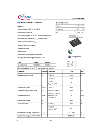 Infineon bsc020n025s rev1.4 g  . Electronic Components Datasheets Active components Transistors Infineon bsc020n025s_rev1.4_g.pdf