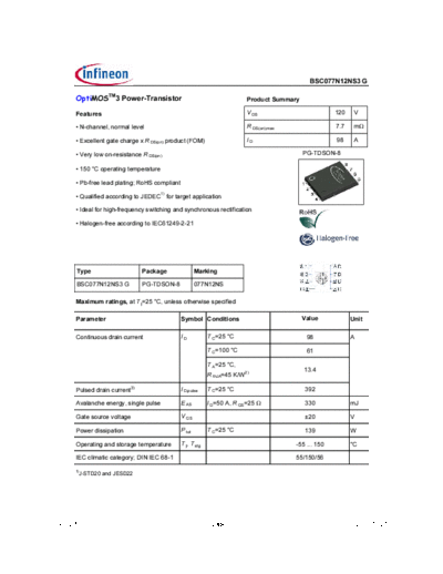 Infineon bsc077n12ns3rev2.5  . Electronic Components Datasheets Active components Transistors Infineon bsc077n12ns3rev2.5.pdf