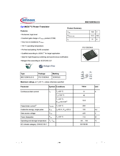 Infineon bsc123n10lsrev2.08  . Electronic Components Datasheets Active components Transistors Infineon bsc123n10lsrev2.08.pdf
