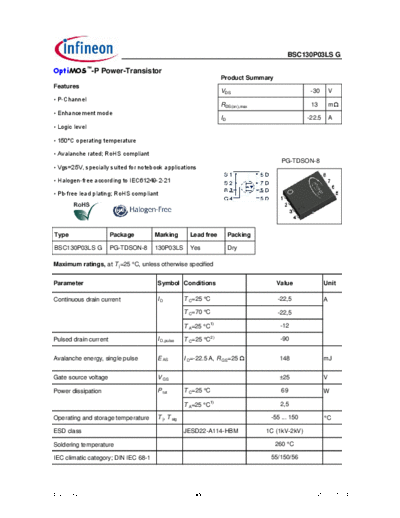 Infineon bsc130p03lsg rev1.04  . Electronic Components Datasheets Active components Transistors Infineon bsc130p03lsg_rev1.04_.pdf