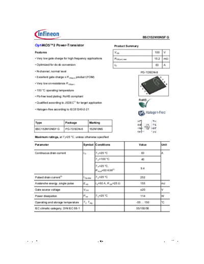 Infineon bsc152n10nsfrev2.08  . Electronic Components Datasheets Active components Transistors Infineon bsc152n10nsfrev2.08.pdf