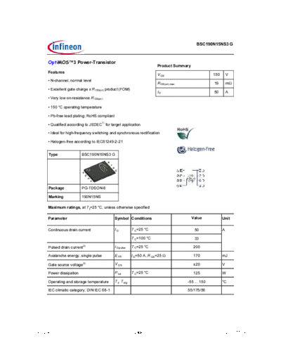 Infineon bsc190n15ns3 rev2.4  . Electronic Components Datasheets Active components Transistors Infineon bsc190n15ns3_rev2.4.pdf