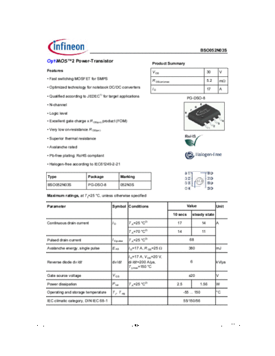 Infineon bso052n03s rev2.0 g  . Electronic Components Datasheets Active components Transistors Infineon bso052n03s_rev2.0_g.pdf