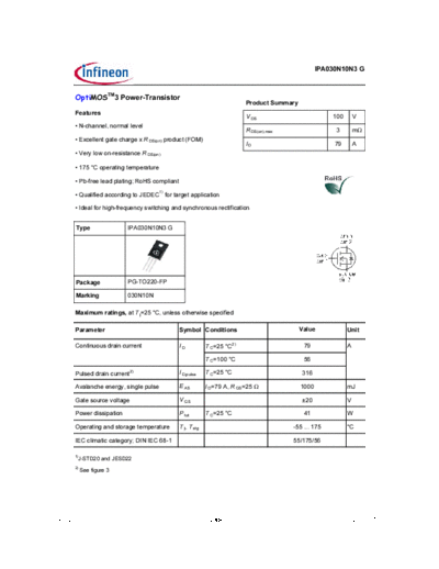 Infineon ipa030n10n3g rev2.1  . Electronic Components Datasheets Active components Transistors Infineon ipa030n10n3g_rev2.1.pdf