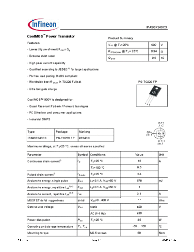 Infineon ipa90r340c3 1.0  . Electronic Components Datasheets Active components Transistors Infineon ipa90r340c3_1.0.pdf
