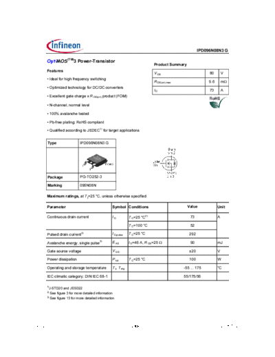 Infineon ipd096n08n3 rev21  . Electronic Components Datasheets Active components Transistors Infineon ipd096n08n3_rev21.pdf