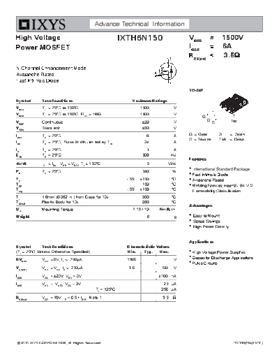 Ixys ixth6n150  . Electronic Components Datasheets Active components Transistors Ixys ixth6n150.pdf
