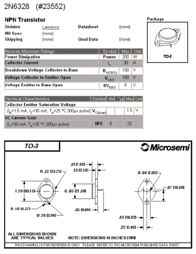 Microsemi 2n6328  . Electronic Components Datasheets Active components Transistors Microsemi 2n6328.pdf