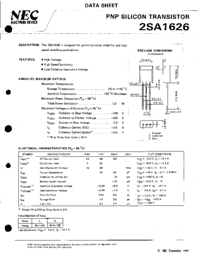 NEC 2sa1626  . Electronic Components Datasheets Active components Transistors NEC 2sa1626.pdf