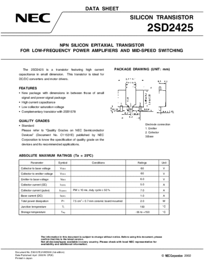 NEC 2sd2425  . Electronic Components Datasheets Active components Transistors NEC 2sd2425.pdf